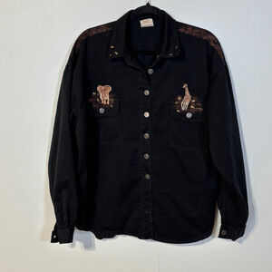 Vintage Giraffe Elephant Button Down Shirt Women’s Size XL Black Embroidered